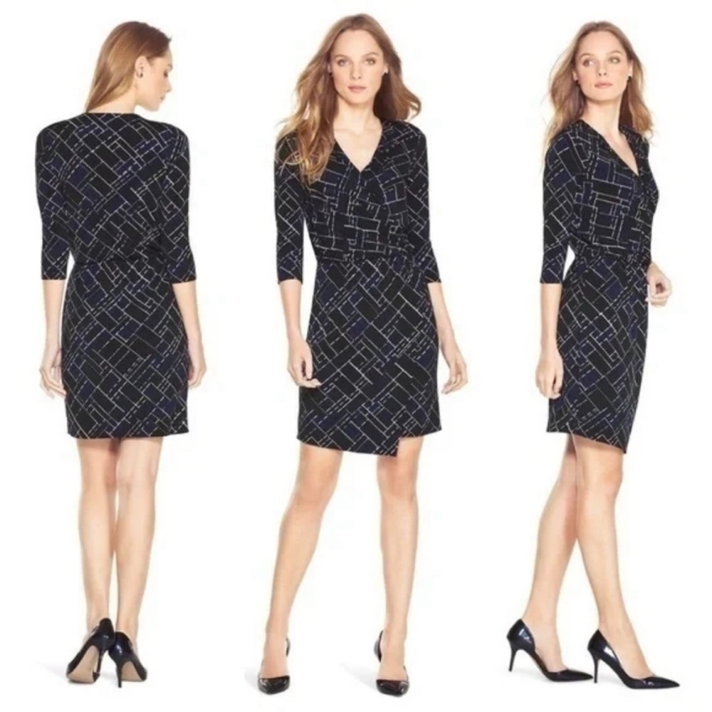 NWOT White House Black Market Wrap Top Dress, Black/Blue/White, Women's XXS